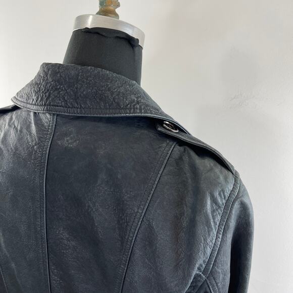 Burberry Brit Dark Blue Distressed Leather Belted Trench Coat Jacket US 6 UK 8 - Picture 6 of 16